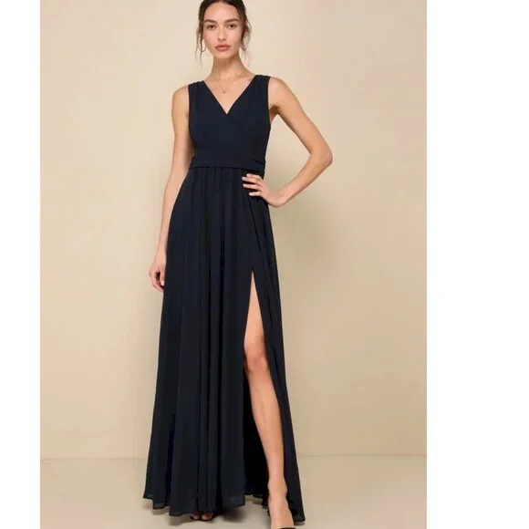 Lulus Thoughts of Hue Dark Navy Blue Surplice Maxi Dress Size Small NWOT - Picture 3 of 9